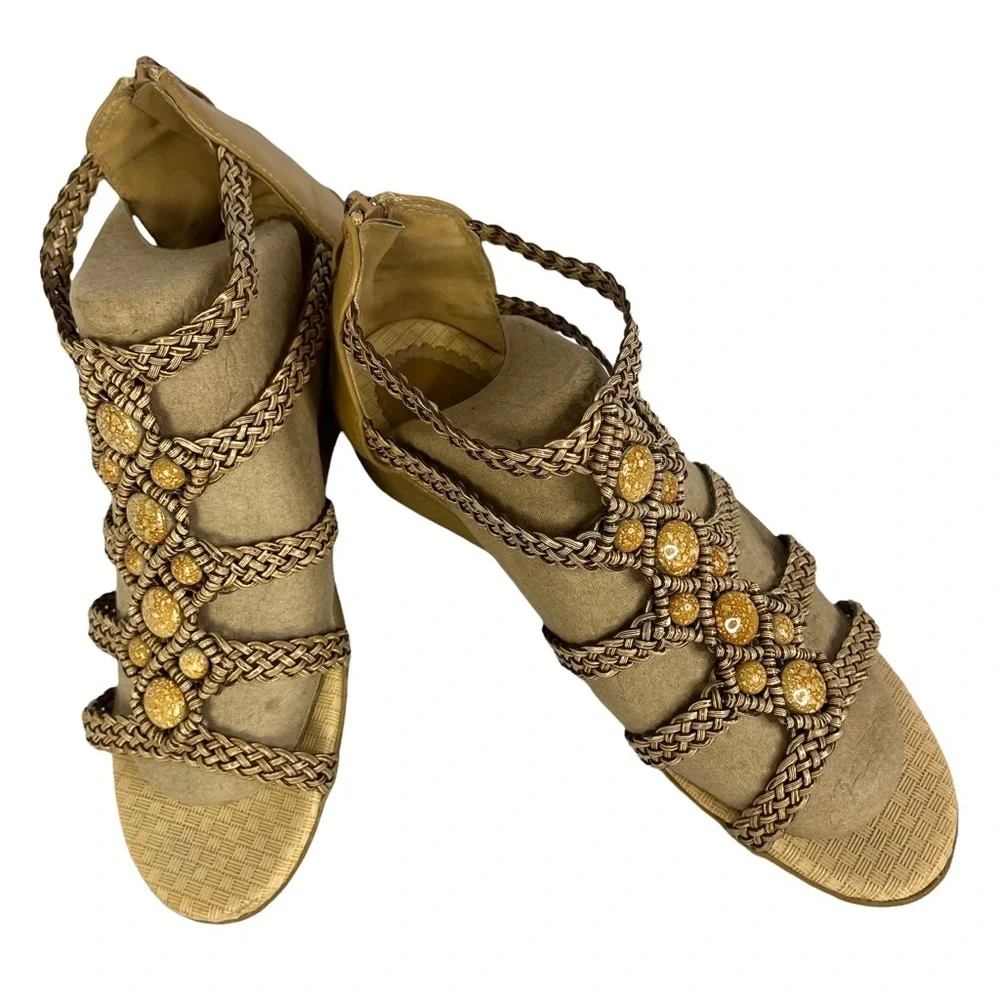 Forever Gladiator Woven Straps and Beads Wedge‎ Sandals Womens Size 6.5